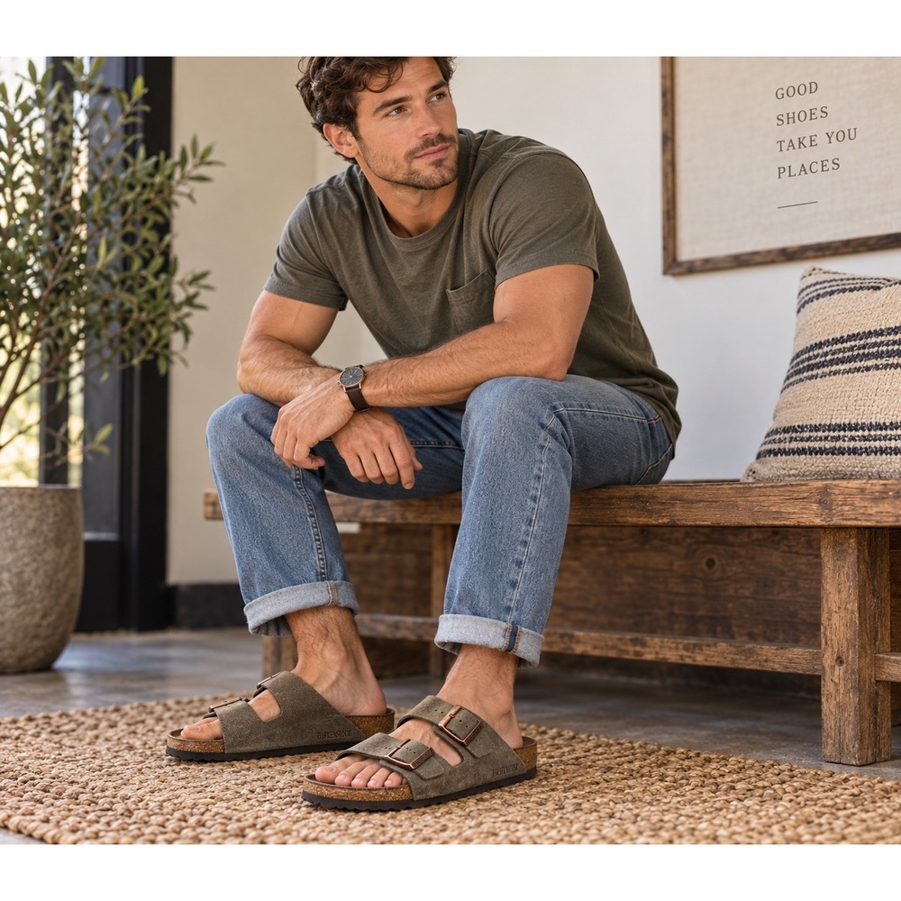 Birkenstock Arizona Suede Two Strap Sandals Taupe Brown Cork Footbed Mens 10